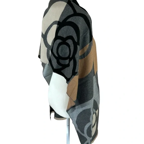 Cashmere Camellia Flower Shawl in Black, Gray, and Tan - Picture 2 of 6
